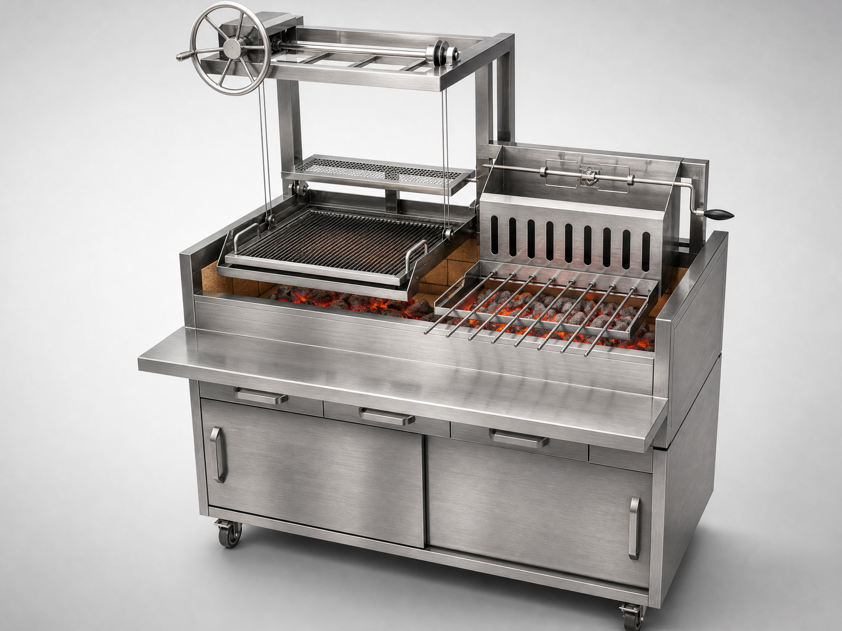 Dolaplı Tek Asansörlü Büyük Odun Közleme Kokoreç Çevirme Çağ Kebab Mangalı